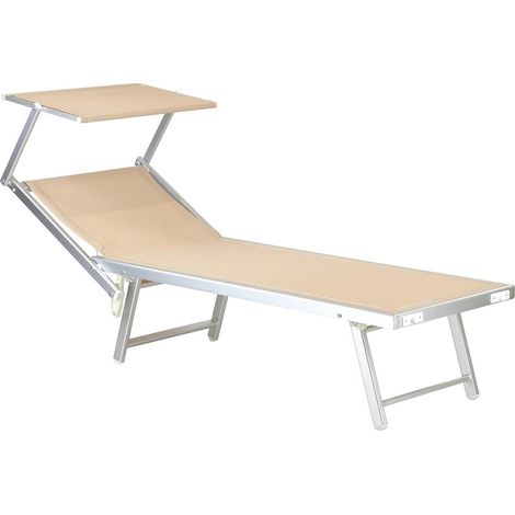 TRADE SHOP - Lettino Pieghevole Prendisole In Alluminio Textilene Con Parasole Orientabile 186x61x38cm - Beige (1/5)