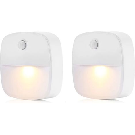 Dos luces nocturnas LED recargables, de luz blanca cálida, con detector de movimiento y sensor de luz, aptas para escaleras, dormitorios y pasillos.