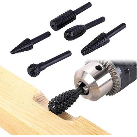 Juego de 5 cabezales de fresado de acero de alta velocidad para tallado de madera, compatibles con herramientas Dremel. De color gris y forma redonda.