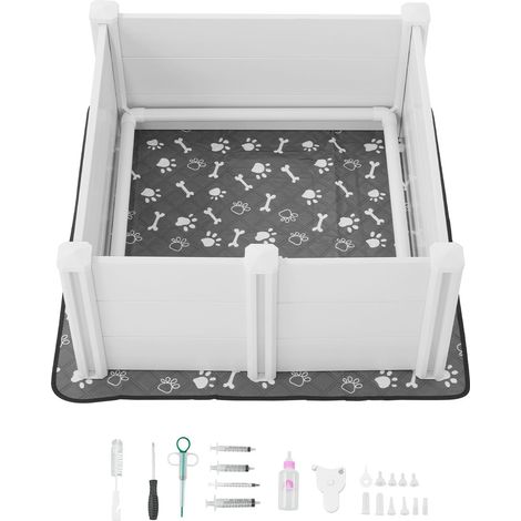 Boîte de Mise Bas pour Chiennes, 98 x 98 x 46 cm, Parc en PVC avec Porte Réglable en Hauteur et Tapis Pissette Lavable, Anti-Déformation, pour Chiens de Taille Moyenne, Blanc Cassé (1/5)