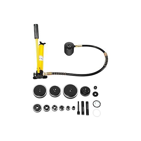 Kit de Perforatrices Hydrauliques 15T avec 10 Matrices de Découpe 16/20/26,2/32,6/39/51/63/76/89/101 mm Presse Hydraulique pour Tôle Acier & Inox, avec Mallette, Jaune (1/5)