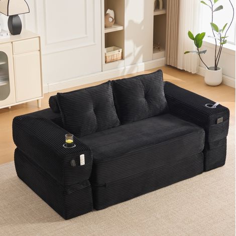 2-Sitzer-Schlafsofa aus schwarzem Cord mit Tasche und Becherhalter HAVRYA (1/5)