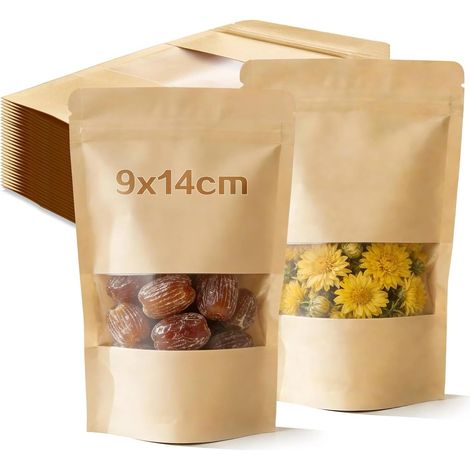Sachet Kraft Alimentaire, Sachet Kraft Fenetre 9x14 cm Emballage Pochette Sac Papier Alimentaire Refermables pour Noix Snacks Bonbons Grains de Café (1/5)