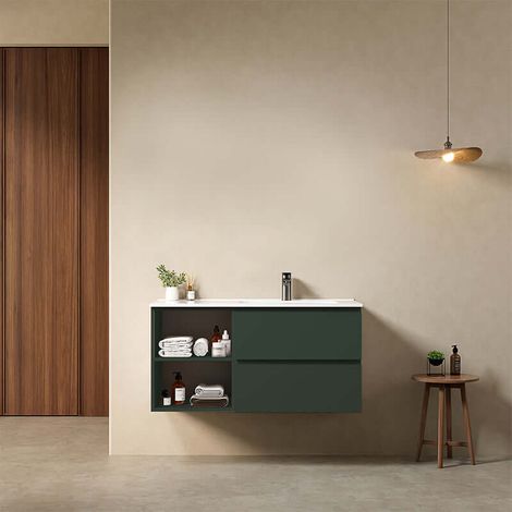 Mobile bagno sospeso 100 cm Verde Comodoro Lavabo a Destra in Ceramica Senza Specchio - Fiji Paint Plus