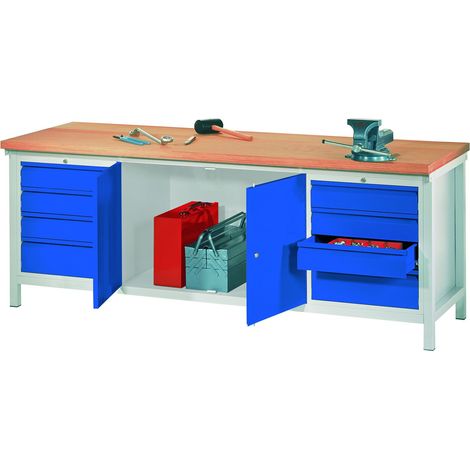 Pavoy Werkbank, 2000x700x900 mm, 2 Schubladenblöcke, 1 Schrank, RAL 7035/5010 (1/2)