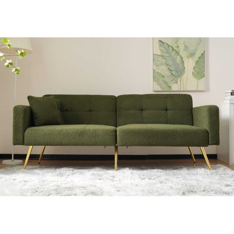 Sofá-cama 175x64 Cm Tela Sherpa Verde, Respaldo Reclinable 105°–180° Elegante Y Patas Doradas (1/5)