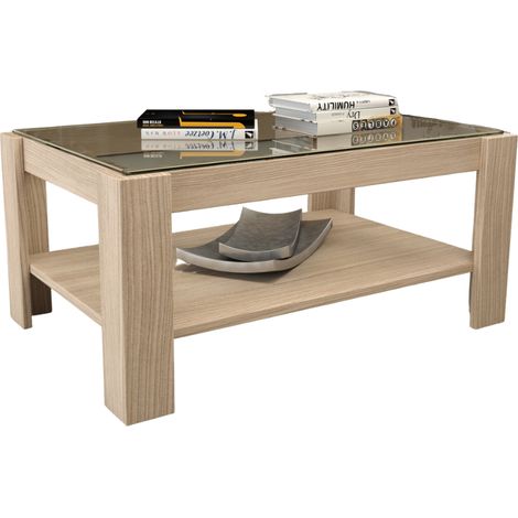 Tavolino da soggiorno con ripiano in vetro colore Olmo H41x90x60cm