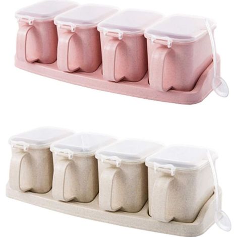 2 Pièces Boîte D\\'assaisonnement à 4 Compartiments, Assaisonnement Box, Boîte à épices, Boîte à Condôments, Ustensiles de Cuisine, pour Sucre, épices, Sel, Poivre Poudre(Beige, Rose)-Fei Yu (1/5)