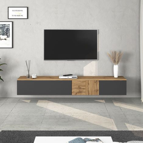 WHOUS Mobile porta TV sospeso Iseo con 2 ante e 1 ribalta antracite opaco e rovere 200x35x30 cm (1/5)