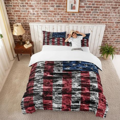 Bettbezug-Set mit USA-Flagge 200x200 cm, Retro-Backsteinmuster, Kinderbettwäsche