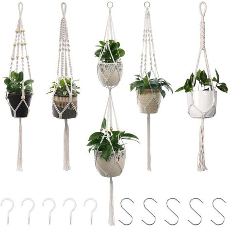 5 pièces Porte plantes et étagère à plantes, Macrame Pot Suspendu Panier Suspendu en Corde Coton Pot de Fleurs pour Plantes Support Suspendu