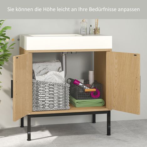 Meuble sous lavabo bohème, armoire salle de bain en chêne, éléments en rotin, avec découpe en U (1/4)