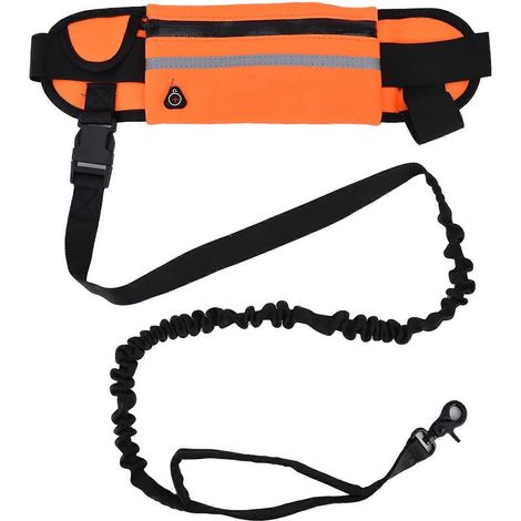 Laisse mains libres pour chien avec sac à fermeture éclair amovible, bande réfléchissante et taille flexible, idéale pour les promenades (Orange)