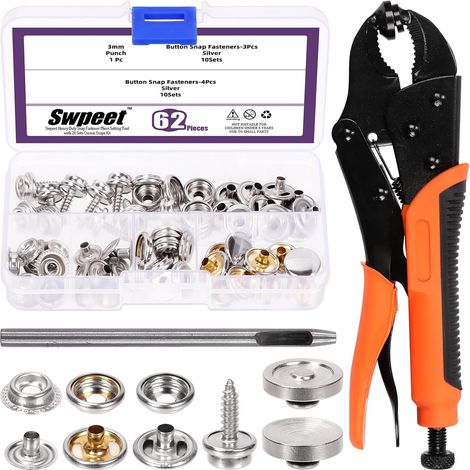 Lot de 74 outils de fixation robustes de 22,9 cm, outil de montage réglable, comprend une pince à bouton-pression en toile, des boutons-pression à clous, un capuchon, une douille, une (1/5)