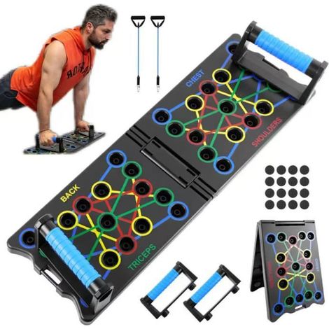 Push-up exercise board with resistance ropes, targeted color system, foldable for chest and arm strength training.