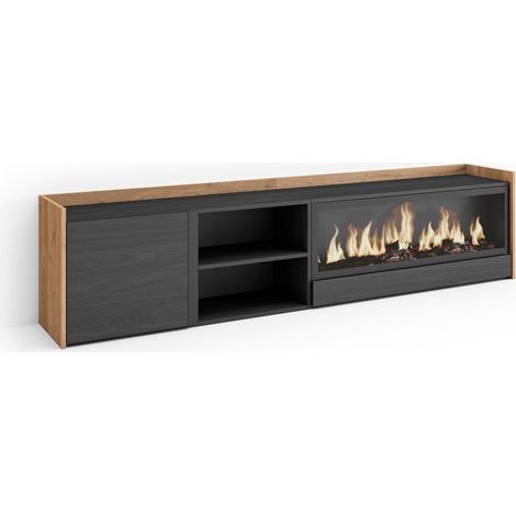 Skraut Home - Mueble TV, Televisión, Muebles de salón, almacenaje, 212x35x50cm, Para TV hasta 80", Chimenea eléctrica XXL, Estilo Moderno, Negro y roble (1/5)
