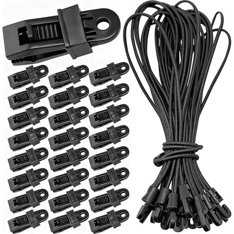 Lot de 25 Clips pour bâche de Tente et 25 tendeurs en Caoutchouc avec Crochets, Kits de Clip de Verrouillage Robuste, Pince de Toile de Tente Ajustable, pour bâches, auvents, bannières (1/5)