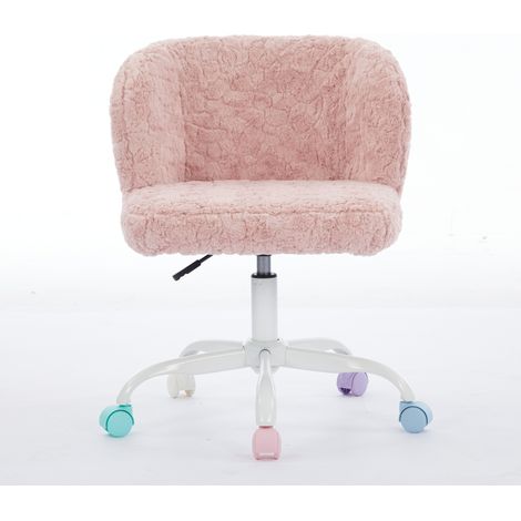 Chaise de bureau fille en fausse fourrure lapin, pivotante & réglable, moelleuse avec roulettes silencieuses colorées, pour chambre/bureau/dortoir – rose (1/4)