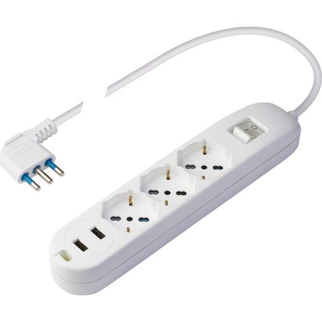 Poly Pool PP2526 Presa Multipla con 2 Prese USB e 3 Prese P40 Pluristandard, Spina Salvaspazio Grande 16 A, 1.5 Metri Cavo e Interruttore, Bianco (1/5)