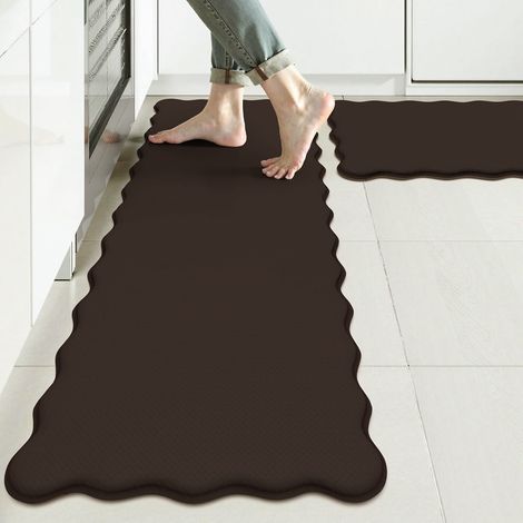 Tapis de sol anti-fatigue absorbant l'huile et l'eau pour la cuisine, tapis antidérapant pour la salle de bain, tapis de porte uni à bords ondulés, tapis de sol pour les toilettes - bordure en dentell