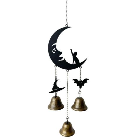 Carillon éolien gothique sur le thème de la sorcière – , carillon suspendu en métal d'inspiration horreur vintage avec motif de chauve-souris pour une décoration à l'ambiance sombre et envoûtante. (1/5)