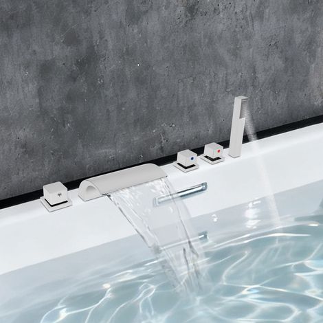 Deck Mount 5-Hole Bathroom Bathtub Chrome Faucet Tub Mixer Tap & Hand Shower (1/5)