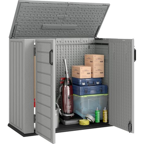 Outsunny armario de exterior de hdpe, 940L, caseta de jardín exterior con tapa abatible, 2 puertas, cerradura, cobertizo de jardín, 142x67x119cm, gris