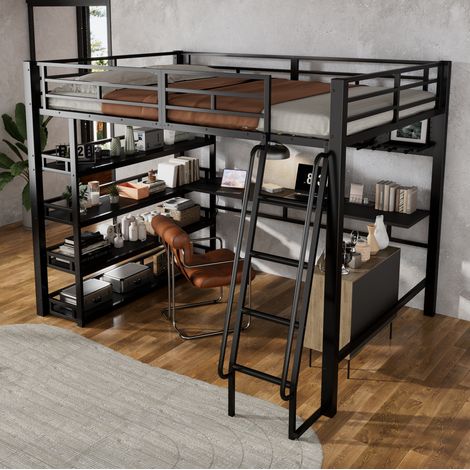 Letto rialzato 140x200 cm con ripiani, scala inclinata a 4 gradini e porta di ricarica, in metallo nero, materasso non incluso (1/5)