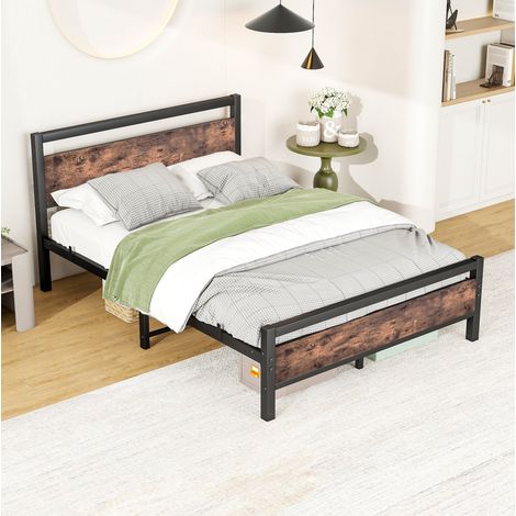 Lit adulte 140x190 cm avec sommier à lattes, rangement sous lit, MDF et métal, marron vieilli (1/5)