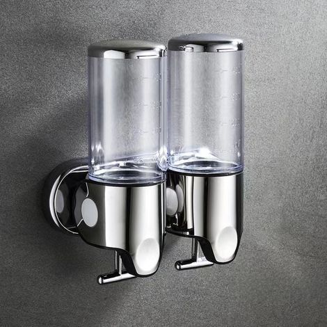 Distributeurs de savon muraux transparents (500 ml x 2), distributeur de savon liquide pour les mains à double tête, compatible avec gel douche et shampoing, pour la cuisine, la salle de bain et les h (1/5)