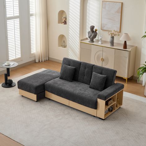 Divano letto 217x110x90 cm, schienale regolabile, contenitore, portabicchieri, chenille, grigio (1/5)