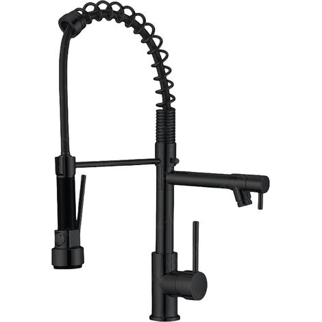 Grifo de cocina giratorio 360° con rociador extraíble y dos caños, caño alto, mezclador de agua fría/caliente con conexiones estándar, negro. (1/4)
