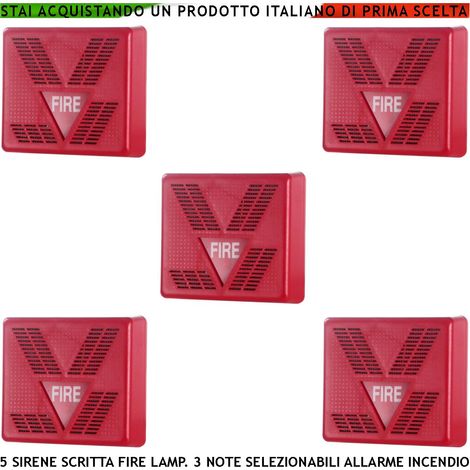 SIRENA ROSSA DA INTERNO 5 PEZZI SEGNALAZIONE ALLARME INCENDIO ALIMENTAZIONE 24 VCC SCRITTA FIRE LAMPEGGIANTE (1/4)