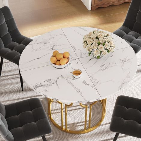 Runder Esstisch für 4 Personen mit verstellbaren Füßen, aus MDF und Metall, 100×100×76 cm, Weiß und Gold