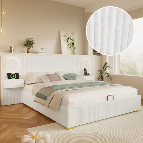 Letto a castello 180/200 cm in velluto beige con LED, USB e vano contenitore idraulico (1/5)