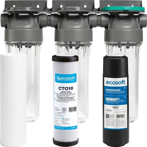 Filtre à eau triple 9'3/4 + pack pureté anti-sédiments et odeurs filtration sous évier - connexion 1'