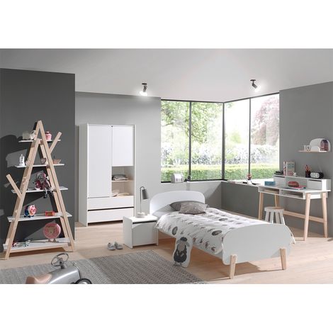 Lit 90x200 - Chevet 1 porte - Armoire 2 portes - Bureau et Bibliothèque Vipack Kiddy - Blanc (1/5)