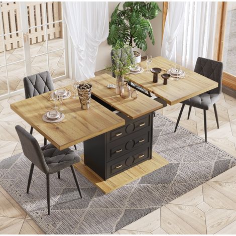 MODFU – Tavolo da pranzo allungabile 110-140x80 cm in MDF e metallo con vano contenitore, cassetti, prolunga a scomparsa e portata 60 kg – Legno naturale (1/5)
