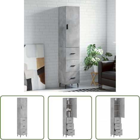 The Living Store Buffet haut Gris béton 34,5x34x180 cm Bois d'ingénierie - Buffet Design Moderne - Meuble Rangement Gris - Armoire Cuisine - Buffet Haute Qualité - Meuble Salon (1/5)