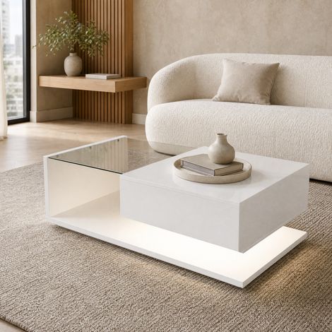 Mesa de centro de aglomerado y vidrio templado 105x55x32,5 cm blanco brillo con LED multicolor (1/5)