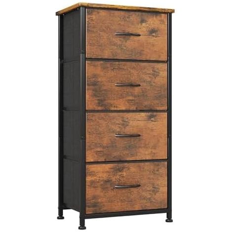 Commode 4 Tiroirs, Meuble de Rangement à Tiroirs en Tissu, pour Chambre à Coucher, Couloir, Entrée, Salon, Cadre en Métal, Plateau Bois, Marron (1/5)