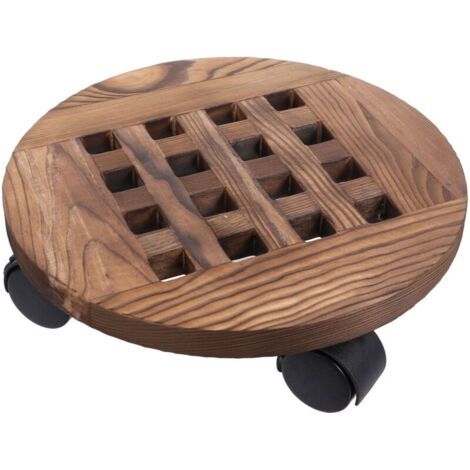QORVA-Plateau de pot de fleur rond en bois carbonisé de 25 cm de diamètre, support de fleur mobile avec base de pot de fleur à roulettes, 2 pièces