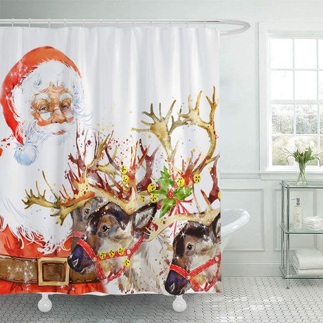180 x 200 cm großer Duschvorhang mit Weihnachtsmotiv, Duschvorhang mit Weihnachtsmann-Motiv, Badezimmer-Dekorationsset, wasserdichtes Material, mit 12 Haken