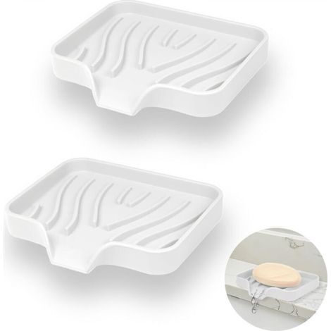 2 Pièce Porte Savons Silicone, Porte Savon Salle de Bain avec Évacuation, Support Savon Incliné, Porte-Savons Antidérapants pour Douche, Cuisine et Baignoire (Blanc) (1/4)