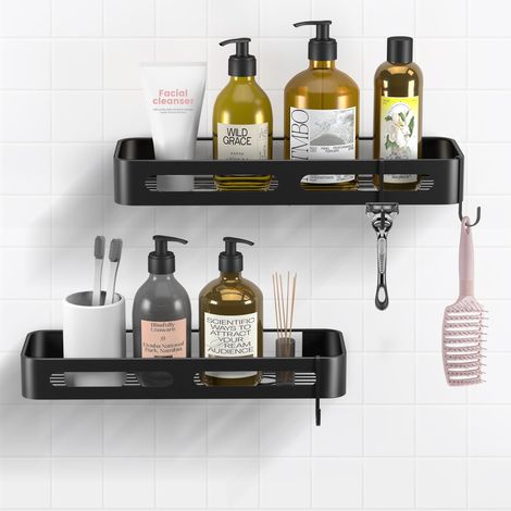 Etagere Salle de Bain Etagere Douche sans Percage, Etagere Douche sans Percer Noir avec 4 Crochets, 38.5-40cm Etagère de Douche pour Salle Cuisine de Bain Rangement & Organisation (2) (1/5)