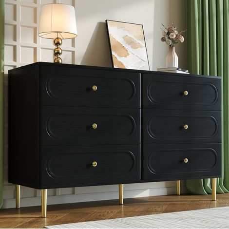 Commode 120x40x75 cm à 6 tiroirs, façades ovales, pieds en métal, meuble de rangement en MDF - noir (1/5)