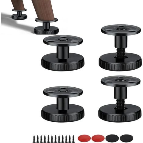 Pieds de meubles réglables en 4 pièces, auto-adhésifs, avec patins anti-rayures, pour tables, armoires et appareils électroménagers. Charge maximale : 100 kg. Dimensions : 4 x 2,6 cm. (1/5)