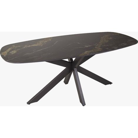 Mobilier Deco – Table à manger ovale en céramique noir et doré – Piètement en acier noir – Plateau marbré résistant aux rayures – Design contemporain (1/5)