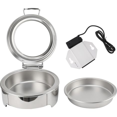 Assiette chauffante ronde avec couvercle en verre 6L 300W, contrôle de température constant, set buffet pour fêtes événements, prise UE 220-240V, acier inoxydable (1/5)