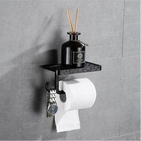 Porte Rouleau de Papier Toilette Hygiénique avec Etagère de Téléphone Portable Support Mural pour Salle de Bains Style Rétro Vintage (Noir)
